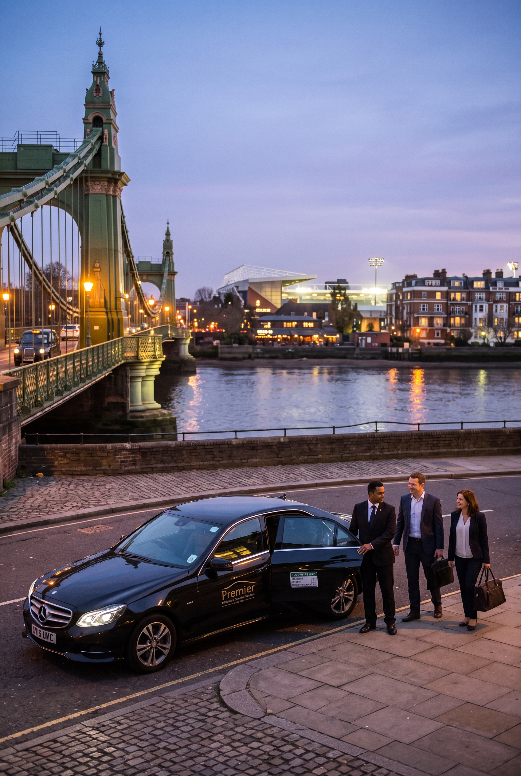 Private hire vehicle parked near a river bridge in the evening