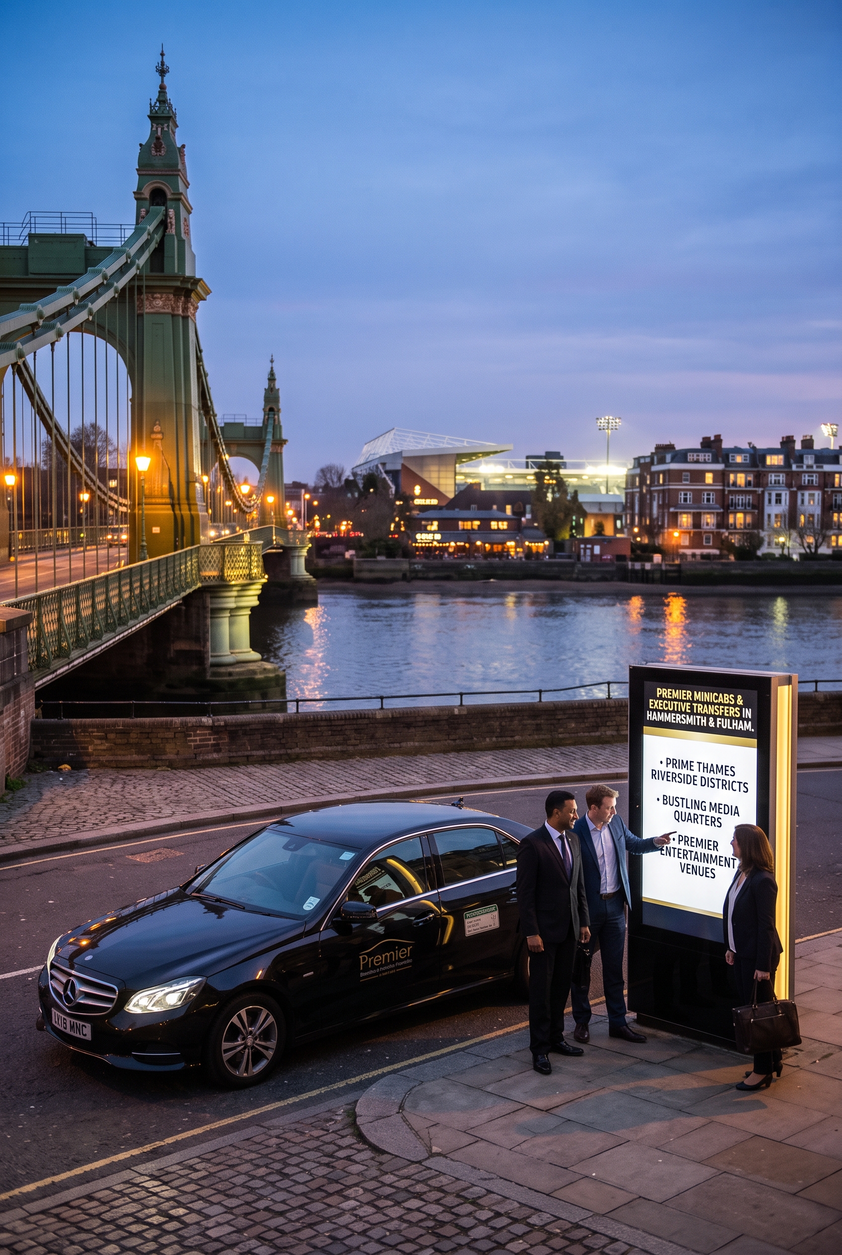 Chauffeur greeting passengers near a riverside bridge
