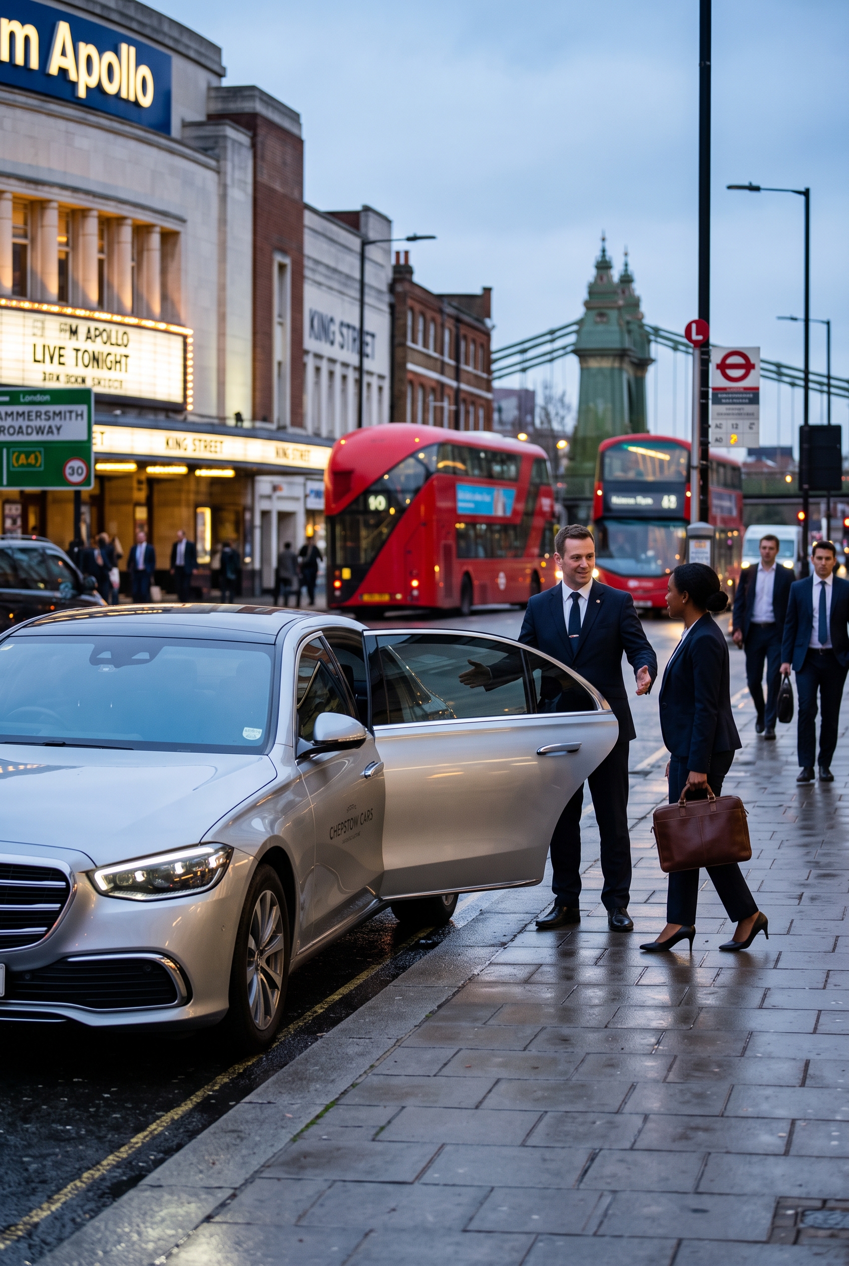 Chauffeur greeting a business passenger on a city street