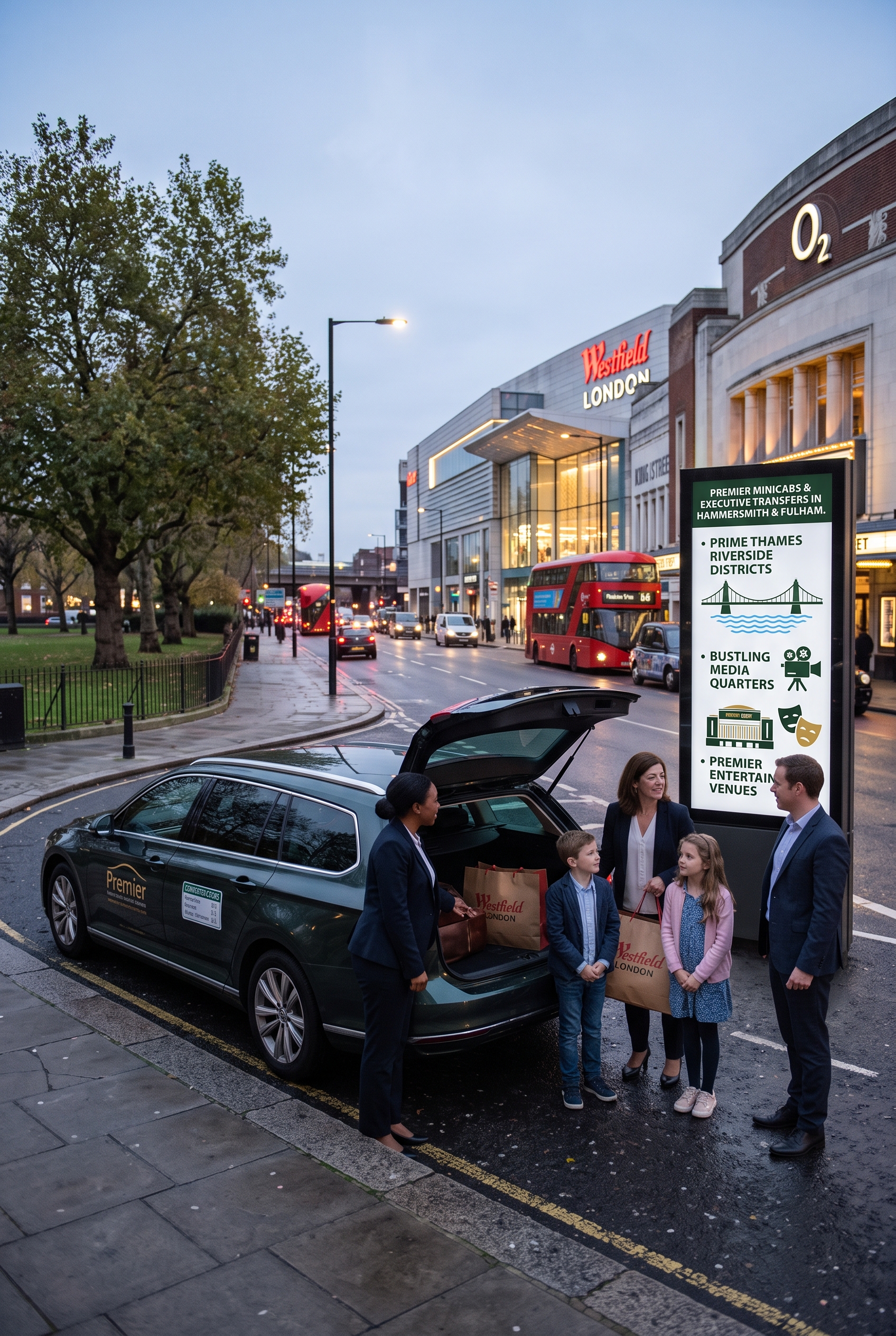 Family loading luggage into a private hire vehicle near a shopping centre