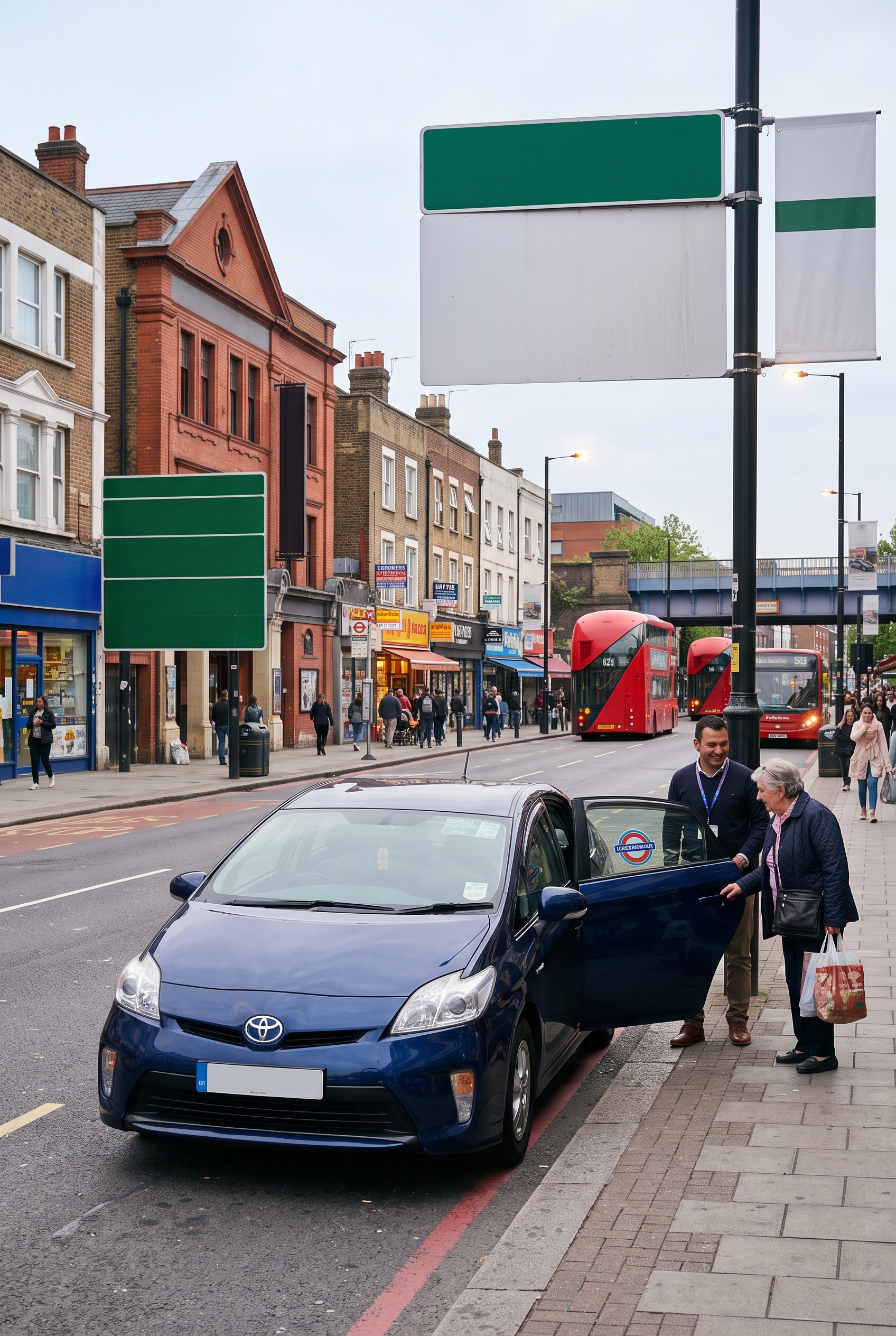 Minicab passenger pickup on a busy street