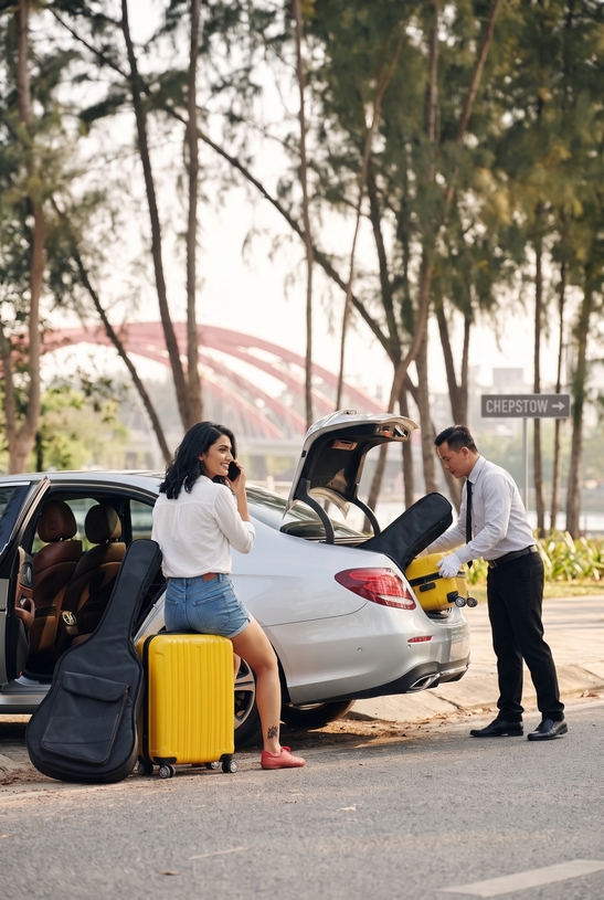 Passenger waiting with luggage beside a private hire vehicle