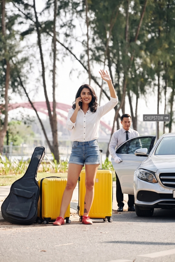 Passenger hailing a private hire vehicle with luggage