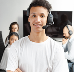 Customer service representative assisting with a booking call
