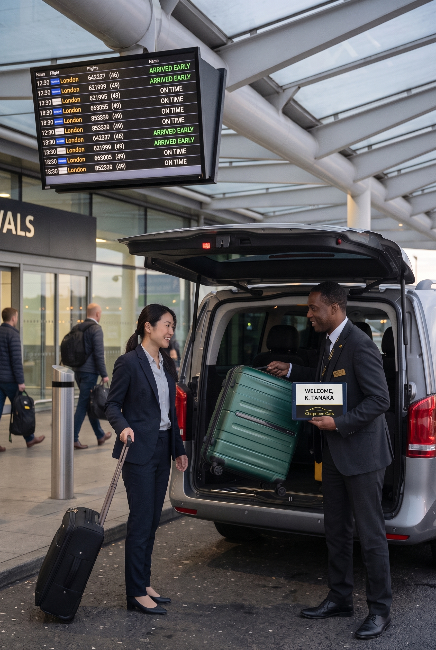 Airport transfer driver greeting a passenger with a name sign