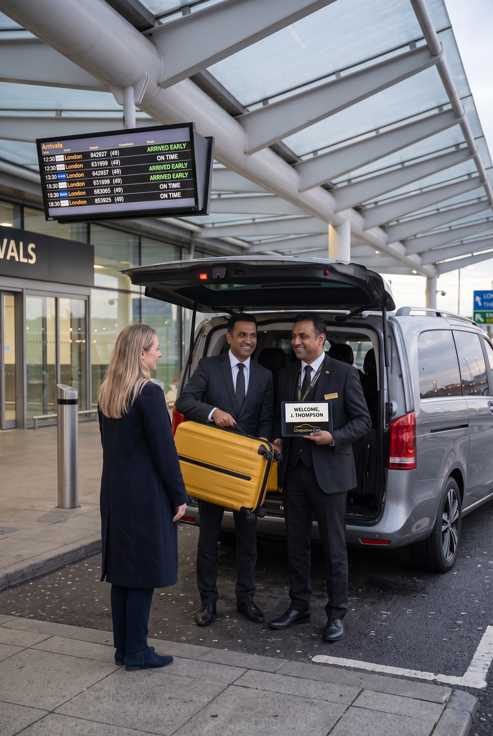 Chauffeurs assisting a passenger with luggage at the airport