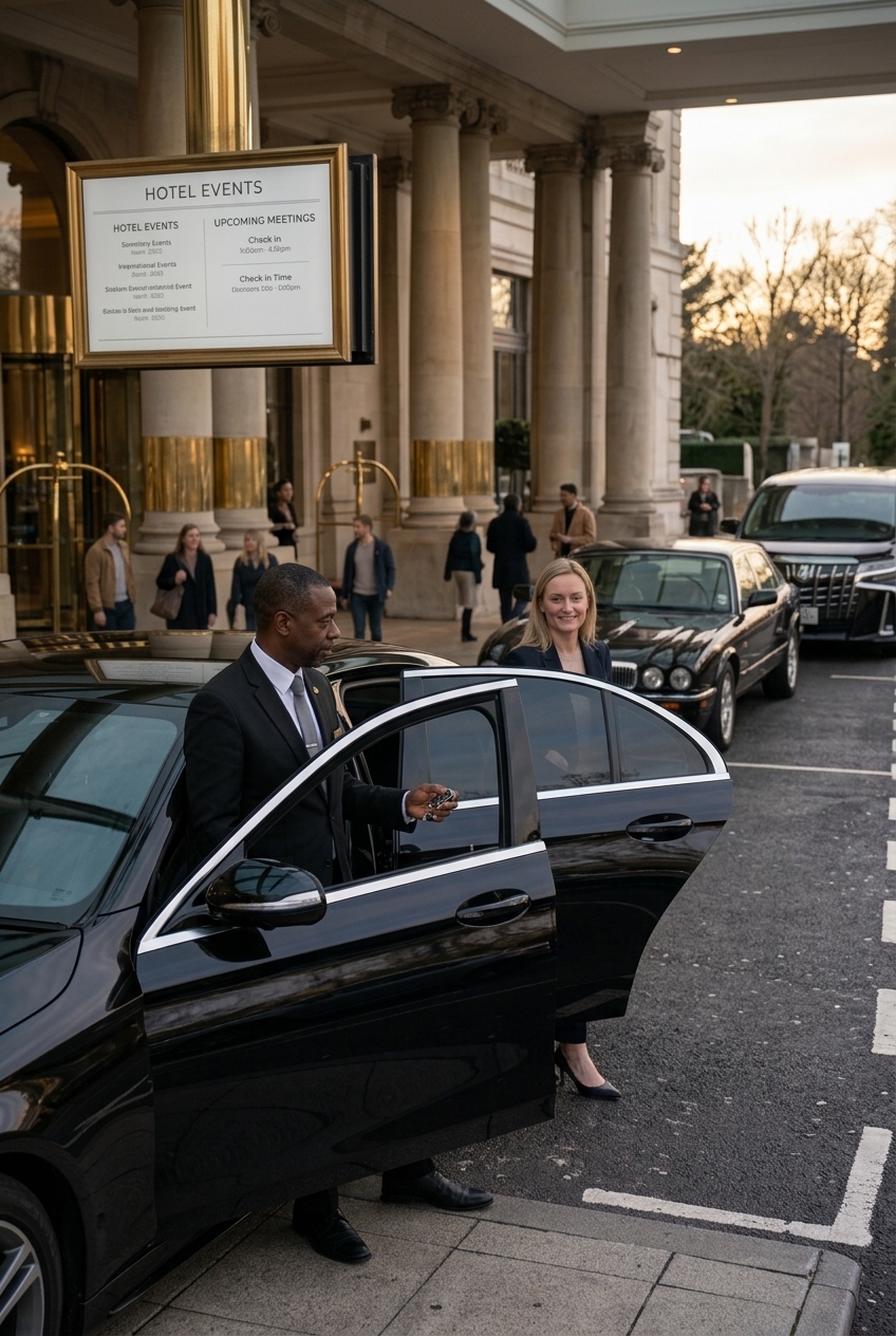 Chauffeur opening the car door for a client outside a hotel
