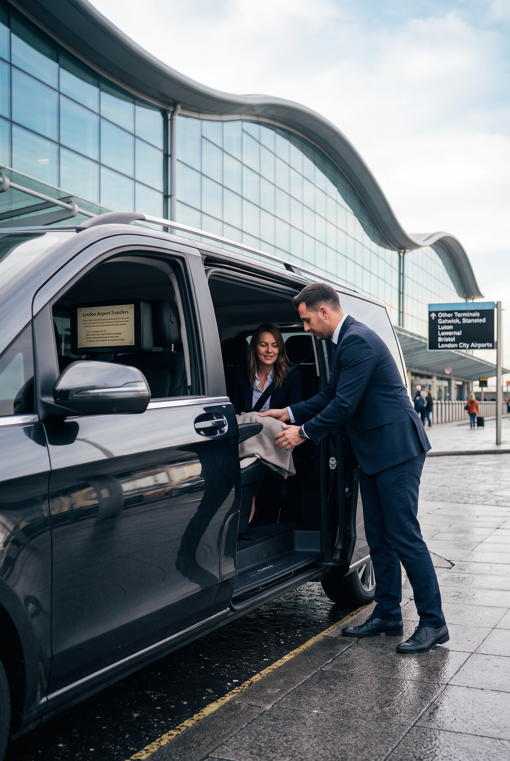 Chauffeur assisting a passenger into an airport transfer vehicle