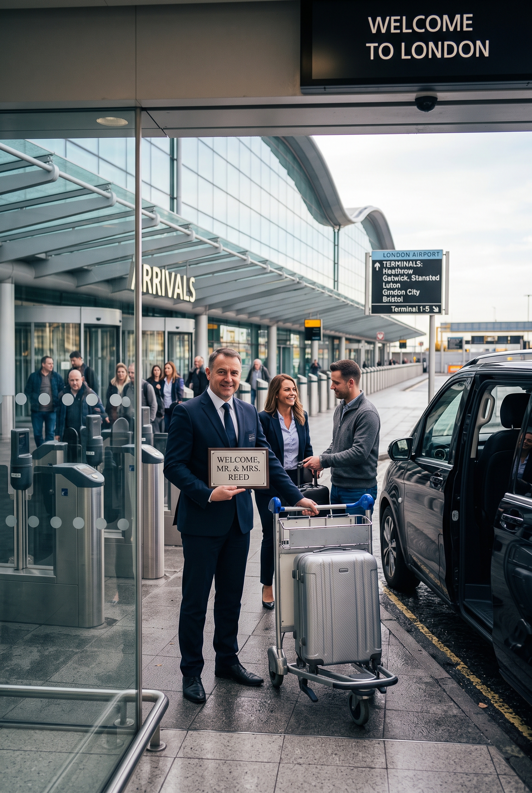 Chauffeur holding a welcome sign for arriving passengers
