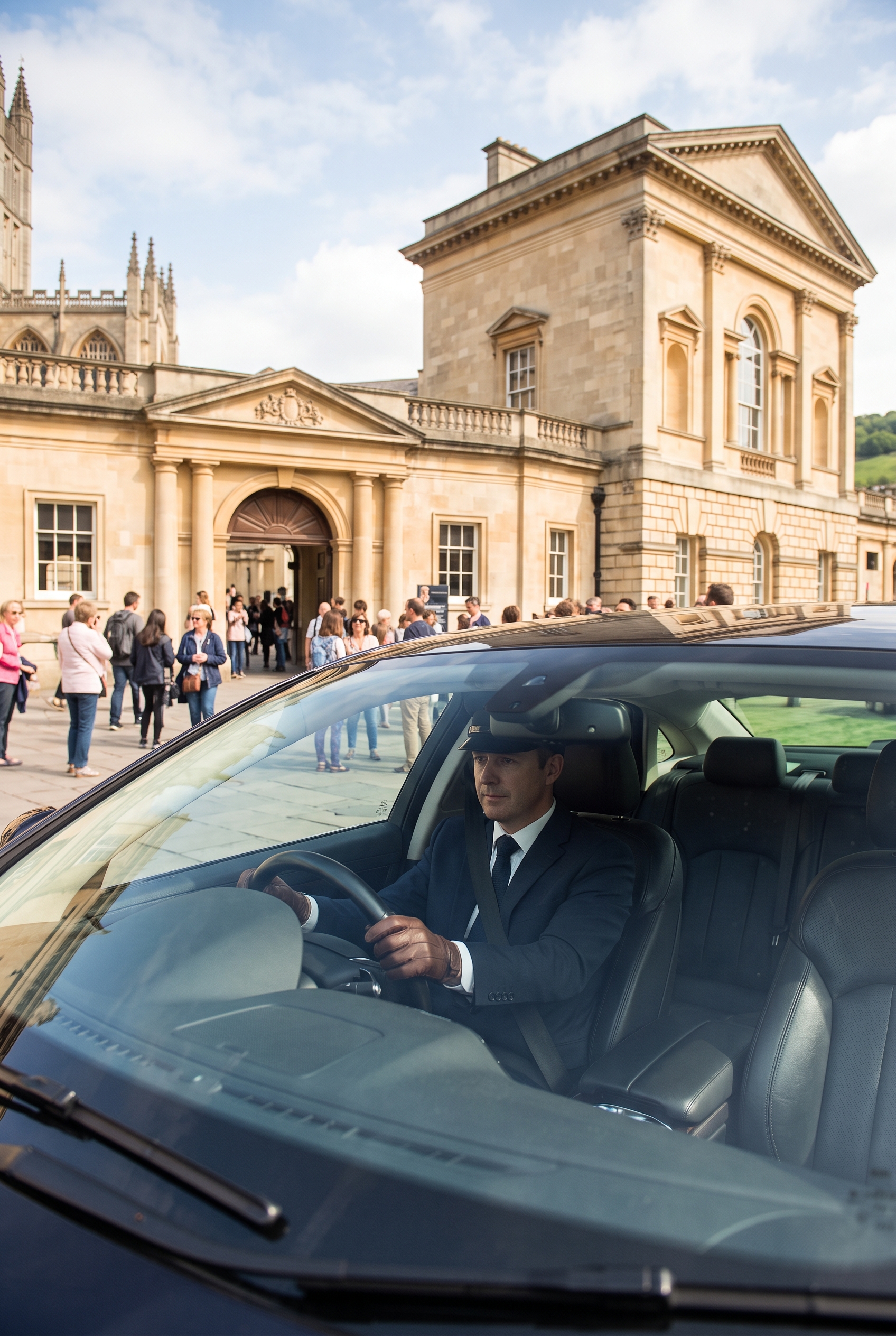Chauffeur driving past a historic building during a group outing