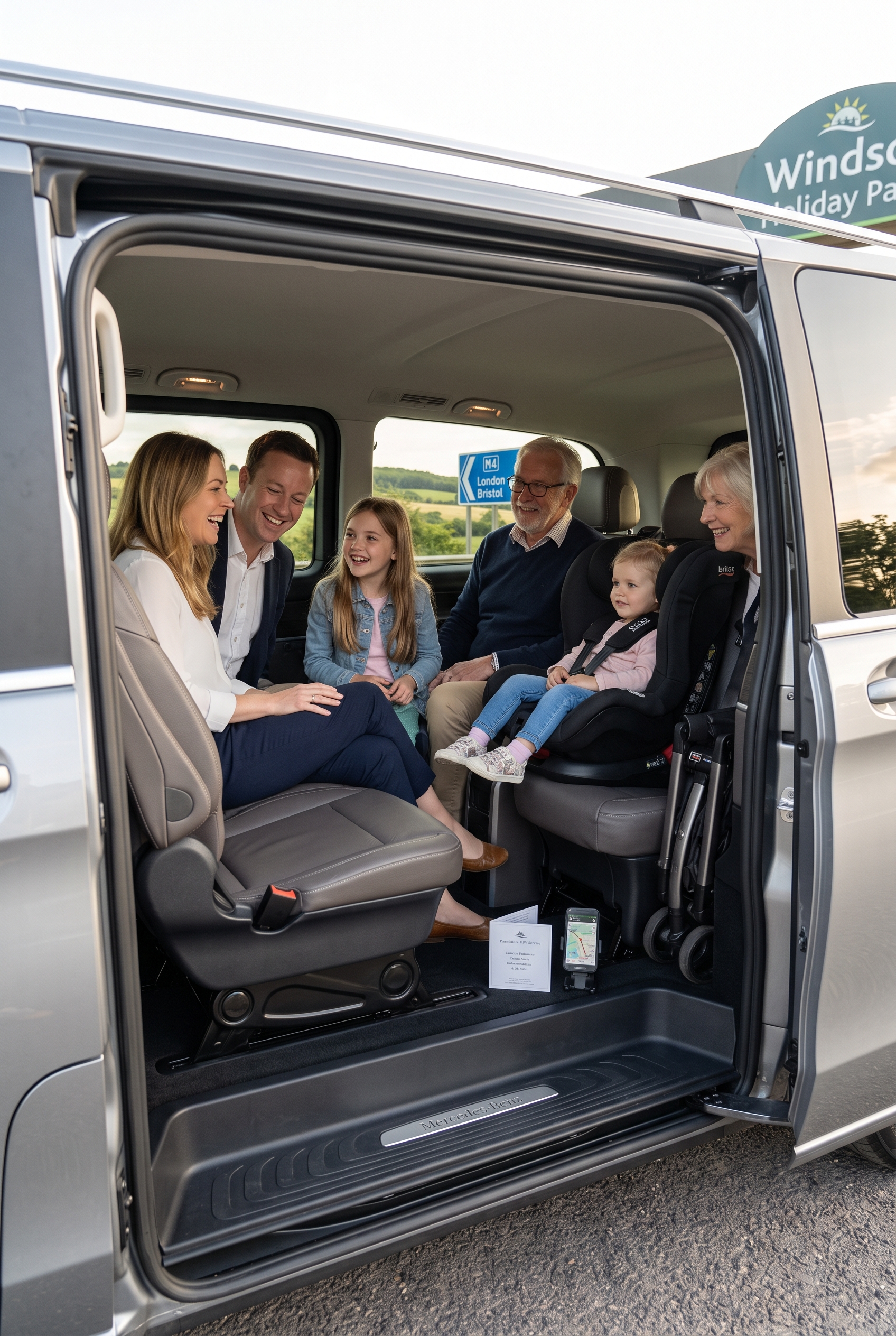 Family group travelling together in a chauffeur driven MPV