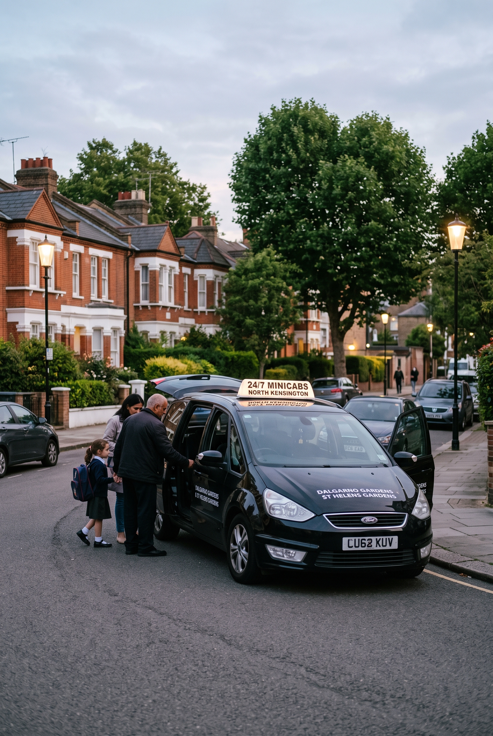 Minicab collecting a family in South Kensington