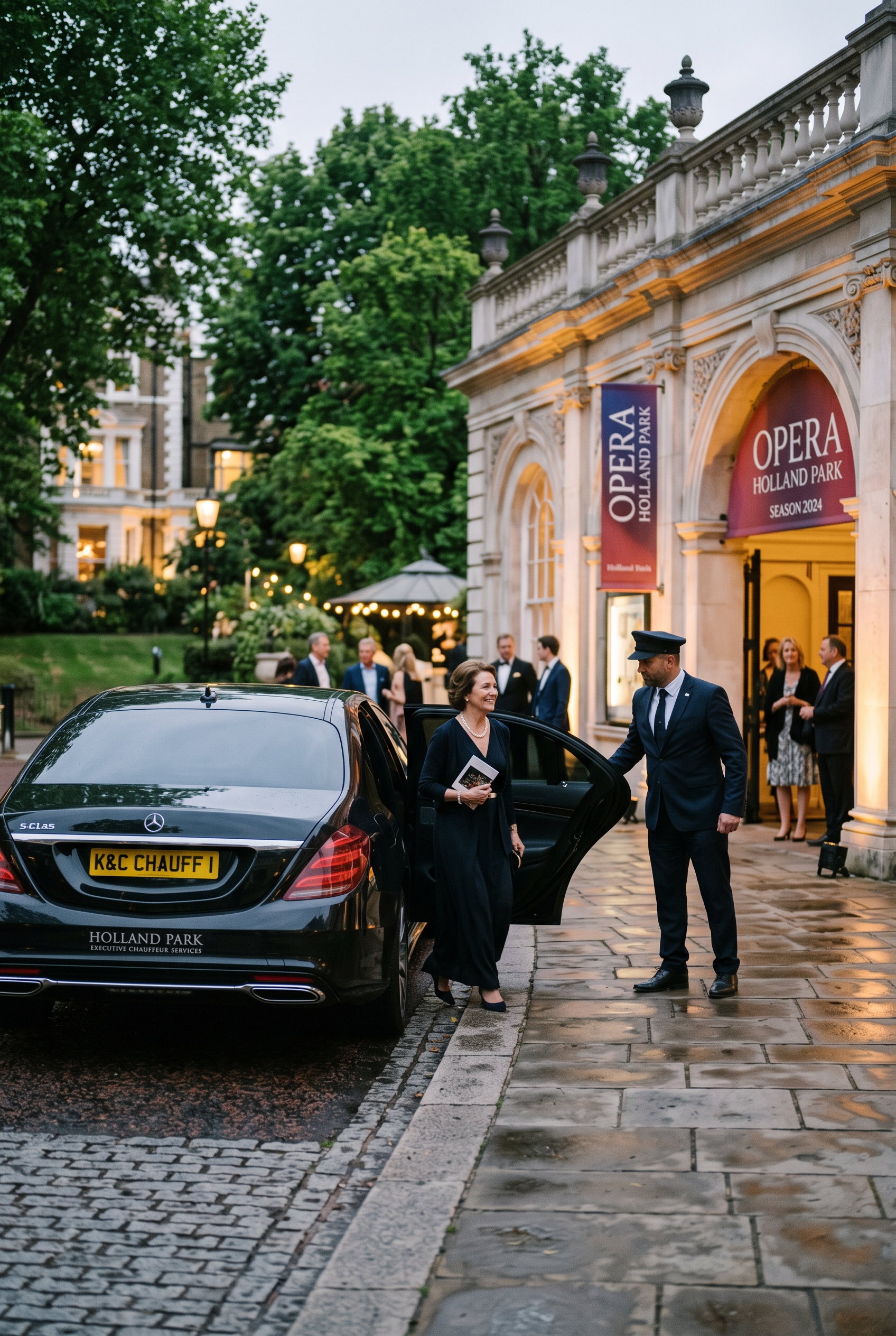 Chauffeur assisting a guest for an evening at Holland Park